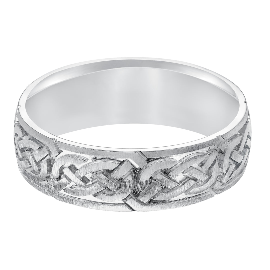 This finely crafted, Comfort Fit wedding band features an exquisite Celtic knot design, satin finish and flat edges to complete the look