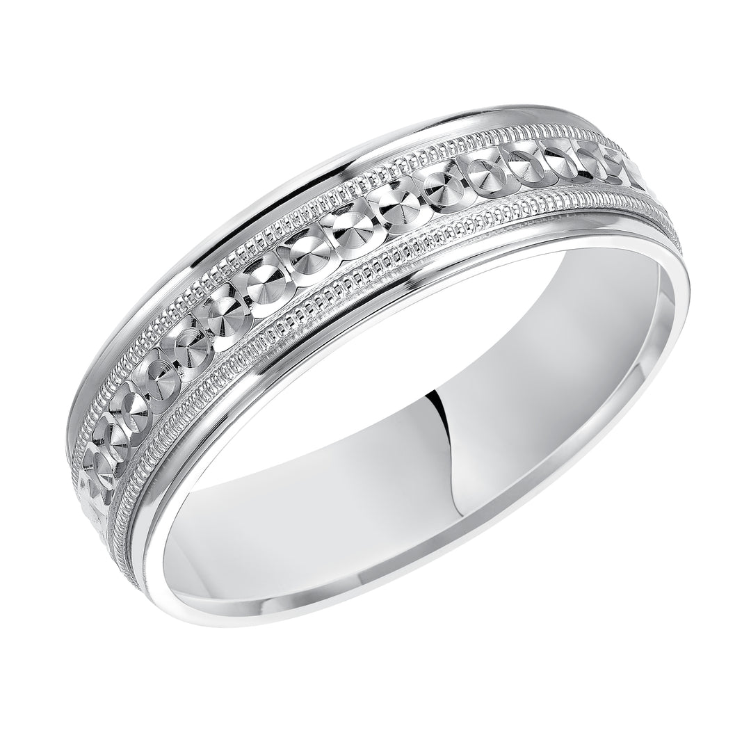 This low-dome styled, Comfort Fit wedding band features an eye-catching design with a bright finish, milgrain and round edges