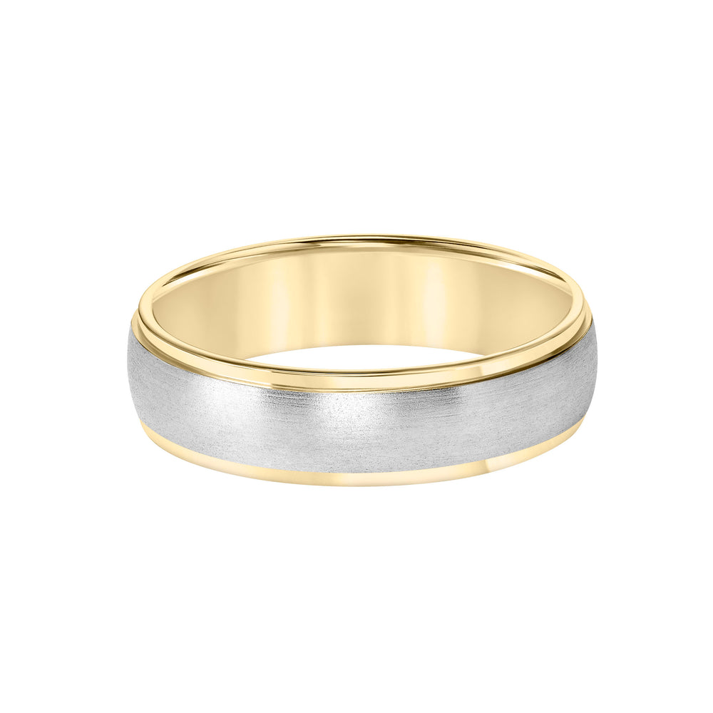 This low-dome styled, two-tone gold, Comfort Fit wedding band features a brushed finish and flat edges