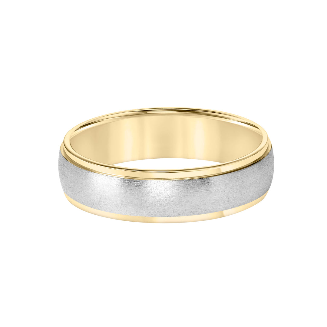 This low-dome styled, two-tone gold, Comfort Fit wedding band features a brushed finish and flat edges