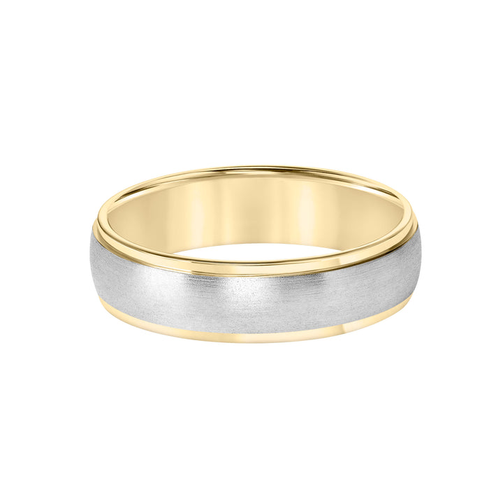 This low-dome styled, two-tone gold, Comfort Fit wedding band features a brushed finish and flat edges