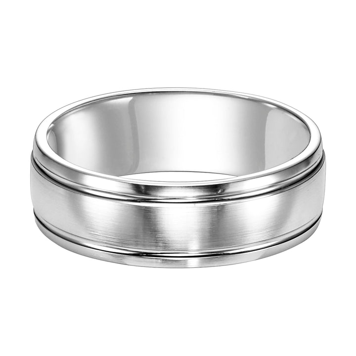 This low-domed style, Comfort Fit wedding band is enhanced with two bright, fine channel accents, a satin finish and round edges for a contemporary classic look