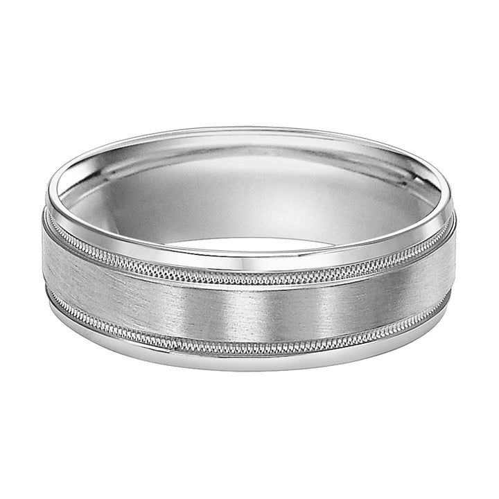 Mens wedding band with satin finish, milgrain accent and bevel edges with flat profile