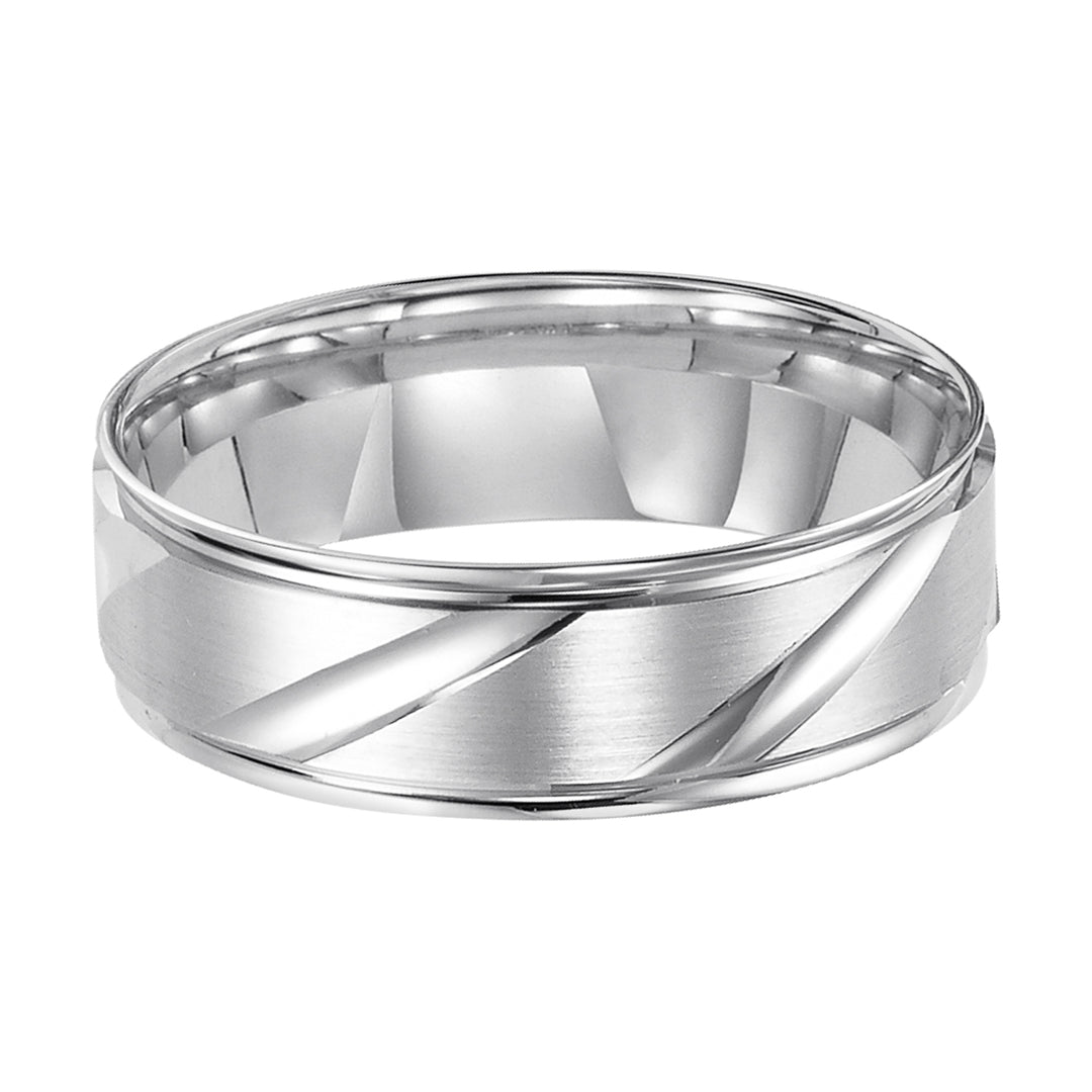This Comfort Fit, wedding band features a flat, satin finish with modern, diagonal cuts and round edges for a unique look