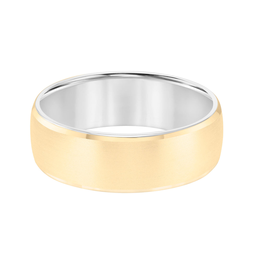 It is all in the details with this luxuriously designed two-tone gold, Comfort Fit wedding band featuring a satin finish with rolled edge