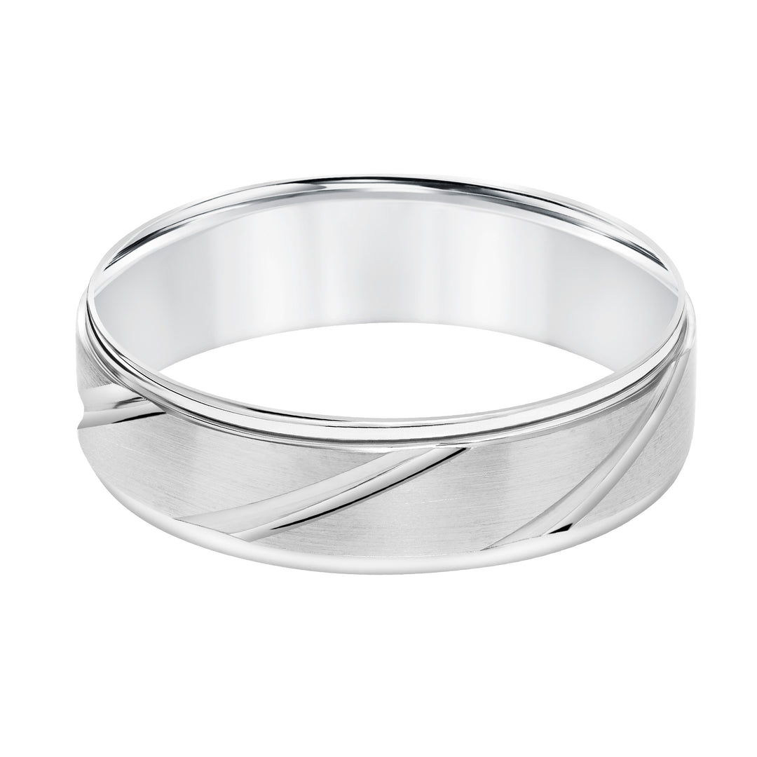 Mens Wedding Band with Brush Finish and Polished Diagional Cuts and Polished Round Edge
