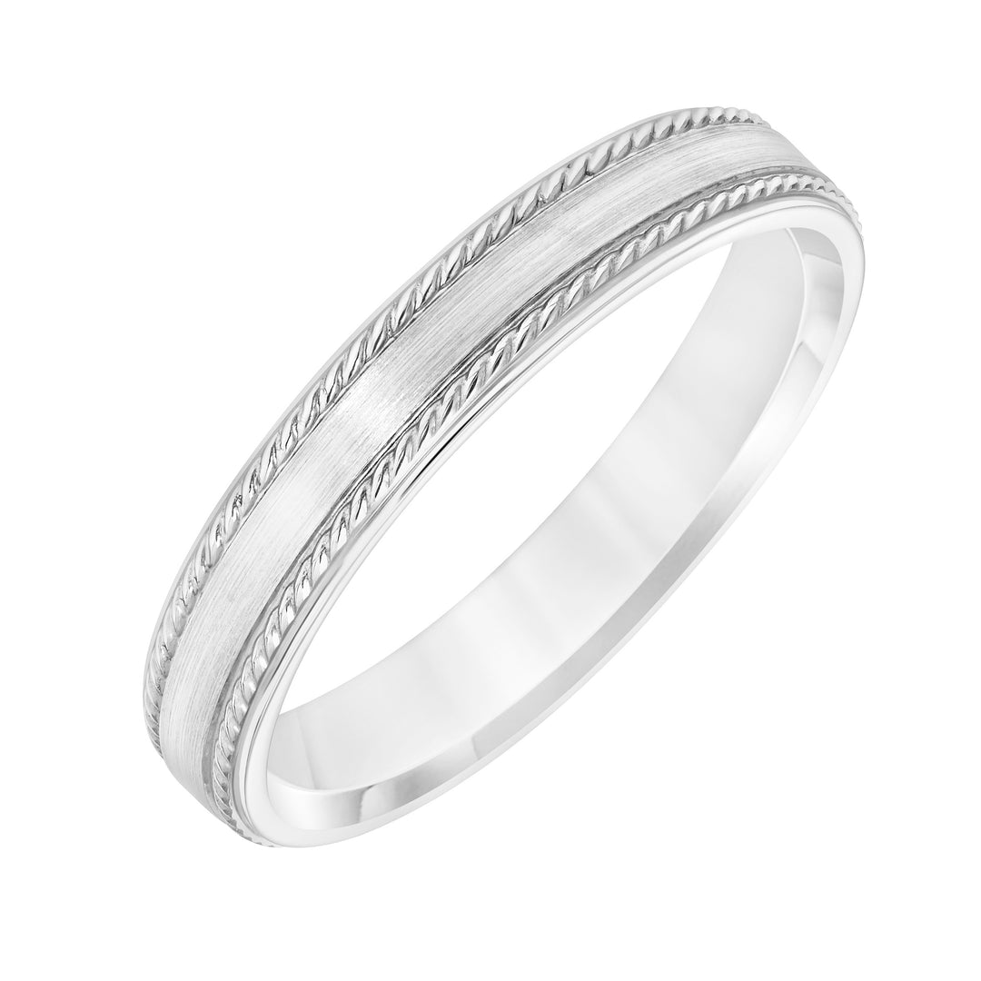 Mens Wedding Band with Brush Finish and Side Rope Detail and Polished Round Edge