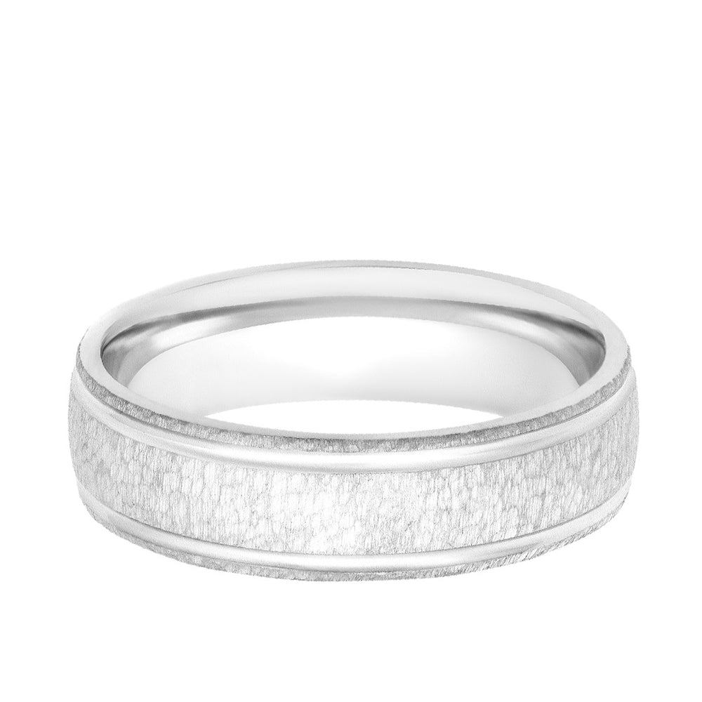 Mens Comfort Fit Wedding Band with Brush Stone Finish and Polished Side Lines