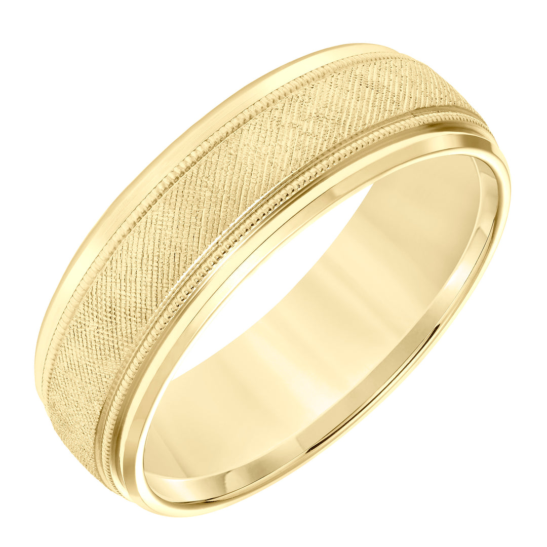 Mens Wedding Band with Florentine Finish and Milgrain Accents and Polished Flat Edge