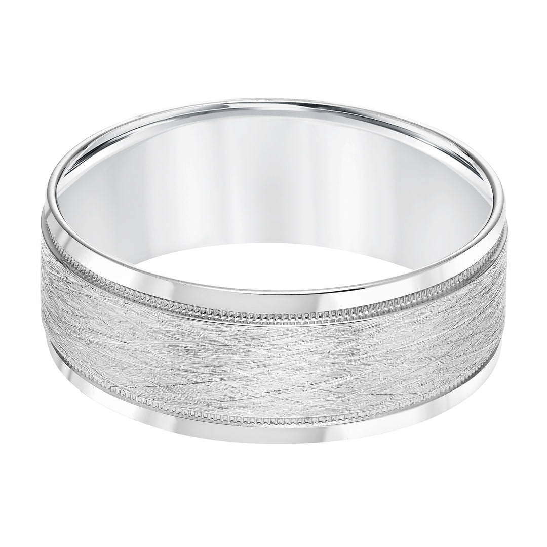Mens Comfort Fit Wedding band with Wire Finish and Milgrain Accents and Polished Round Edge