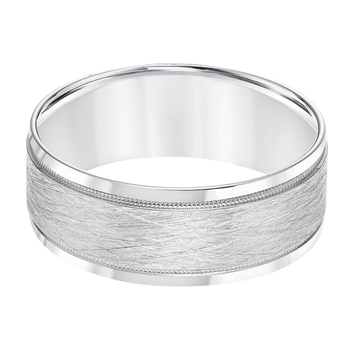 Mens Comfort Fit Wedding band with Wire Finish and Milgrain Accents and Polished Round Edge