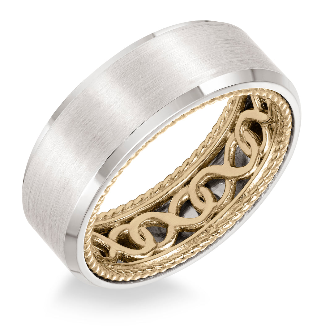 11-WV01A8-G.00 - ARTCARVED - Mens Wedding Band with infinity pattern with rope edge inside and flat profile with bevel edge. Available in multiple white, yellow and rose gold color combinations.