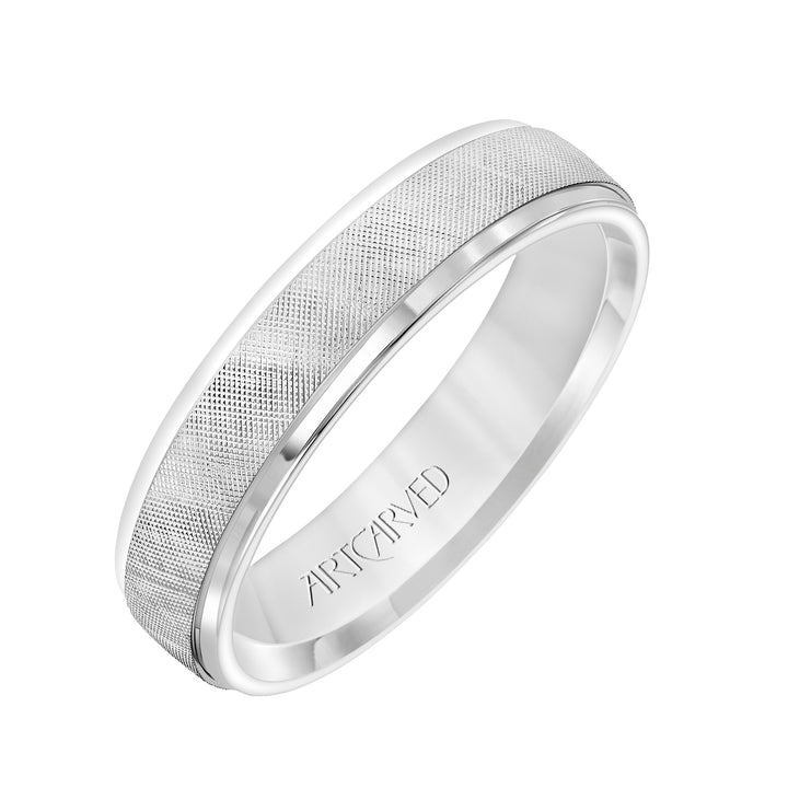 Comfort Fit, engraved wedding band with textured design, and rolled edges