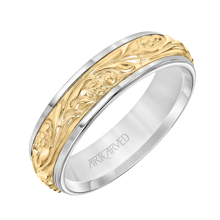 11-WV4008-G.00 - Goldman - Comfort Fit, engraved wedding band with intricate scroll design and rolled edges