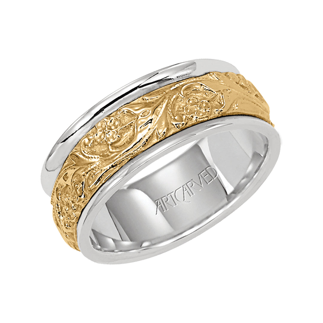 11-WV4309-G - ARTCARVED - 8mm Wedding band with an intricate engraved center and rounded edges