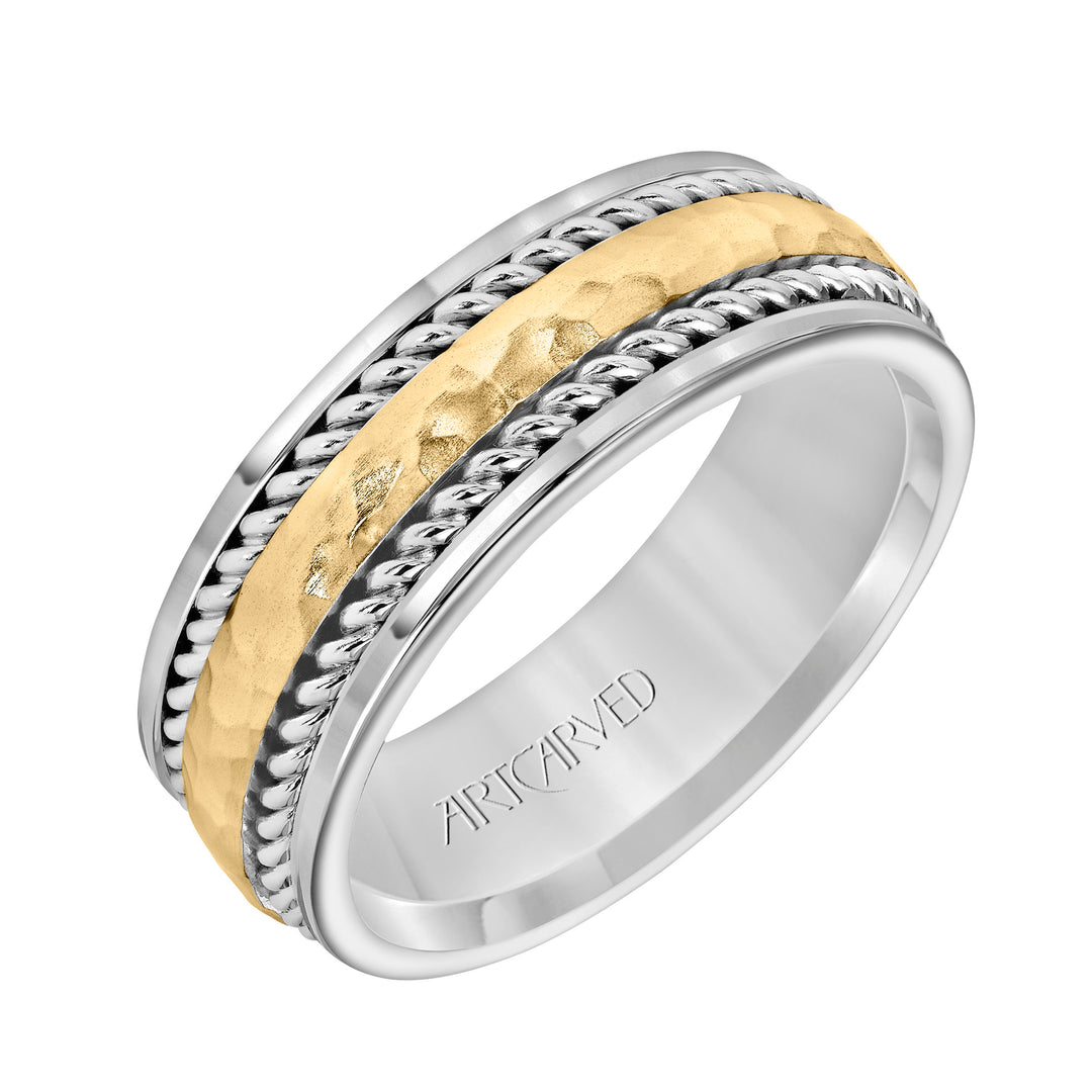 11-WV5018A-G.00 - ARTCARVED - Comfort Fit wedding band with hammered finish rope design and rolled edges Please note hand hammered styles will have slight variations due to the nature of the manufacturing process