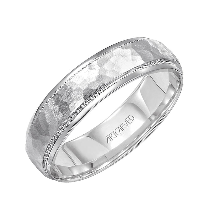 11-WV7173-G - ARTCARVED - Comfort Fit wedding band with hammered satin finish and rolled edges Please note hand hammered styles will have slight variations due to the nature of the manufacturing process