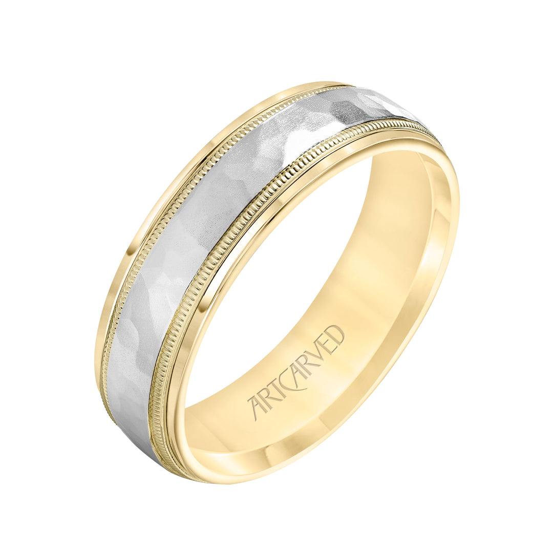 11-WV7190-G - ARTCARVED - Comfort Fit two tone wedding band with hammered inlay Please note hand hammered styles will have slight variations due to the nature of the manufacturing process
