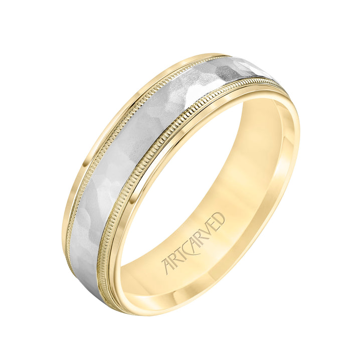 11-WV7190-G - ARTCARVED - Comfort Fit two tone wedding band with hammered inlay Please note hand hammered styles will have slight variations due to the nature of the manufacturing process