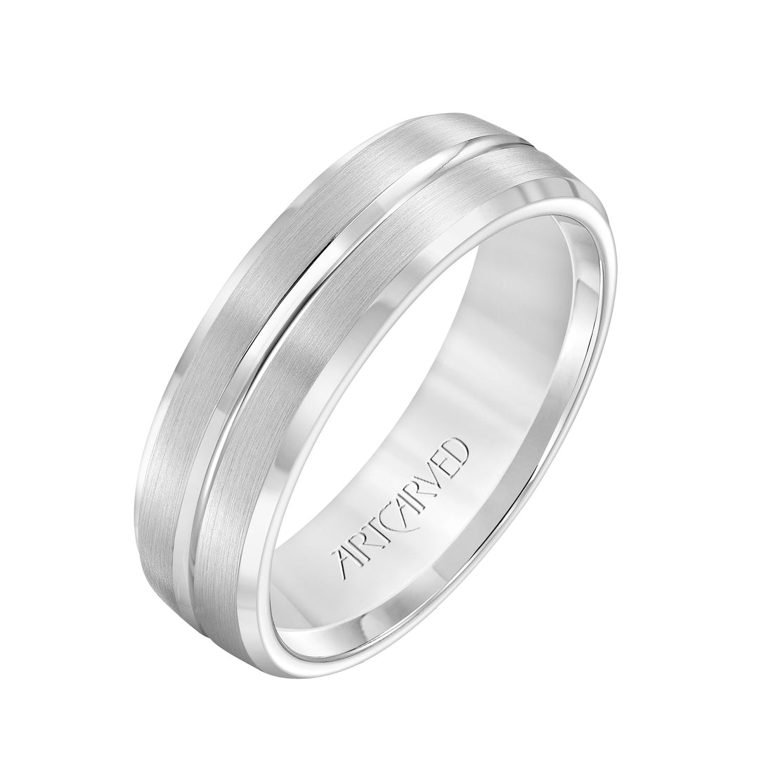 Comfort Fit wedding band with brushed finish, high polished center and beveled edges