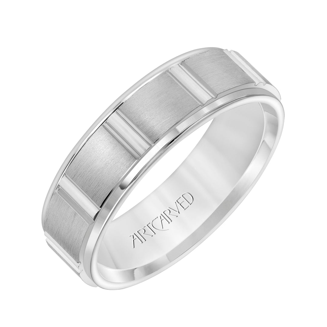 Comfort Fit wedding band with geometric design, brushed finish and rolled edges
