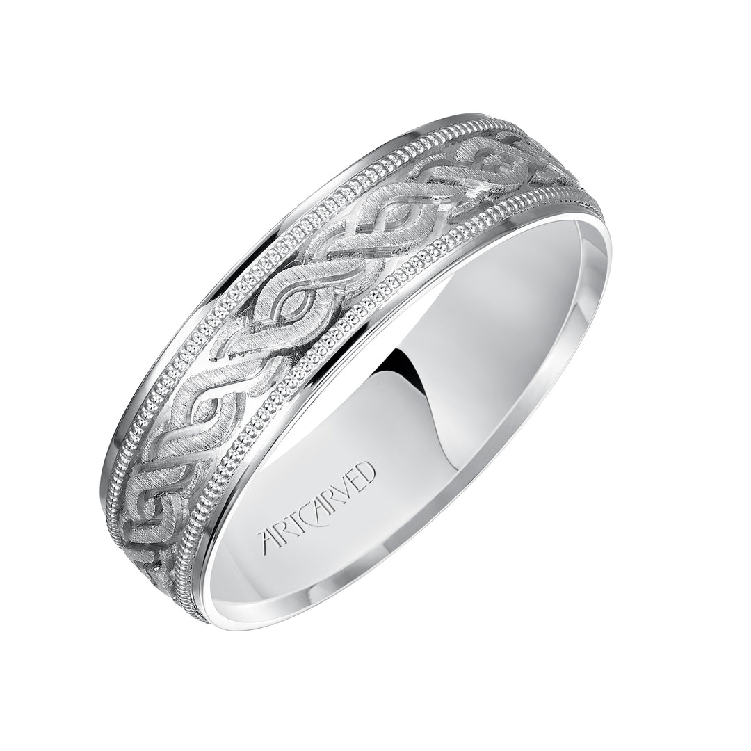 Comfort Fit, engraved wedding band with milgrain detail and flat edgess