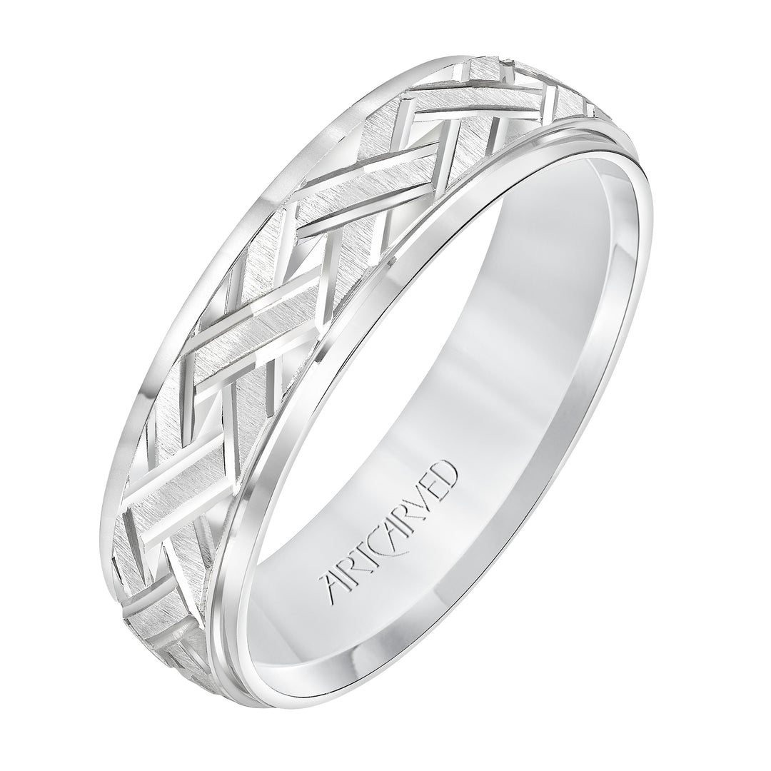 11-WV7339W-G.00 - Goldman - Comfort Fit wedding band with criss-cross engraved design and stepped edge