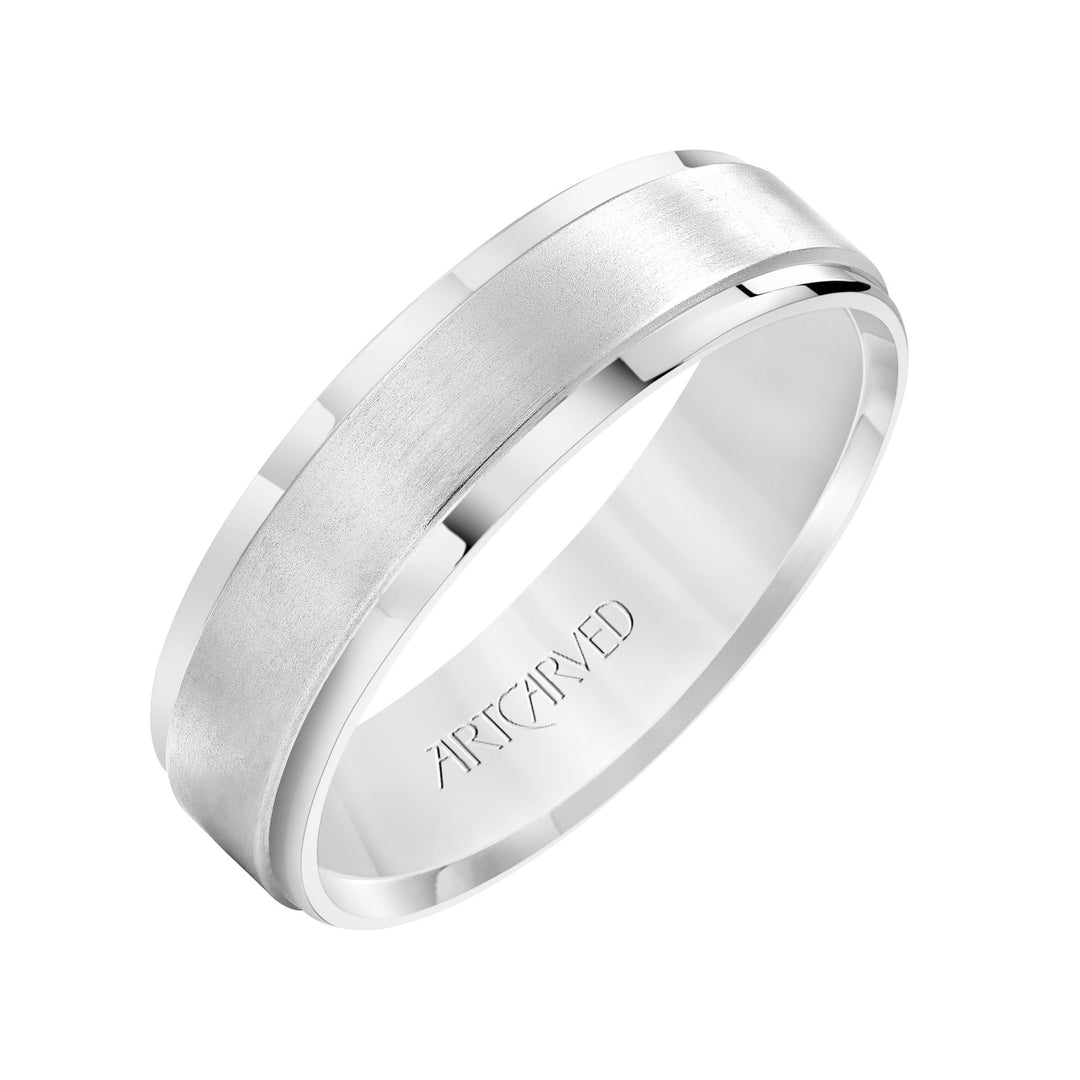 Comfort Fit wedding band with horizontal brushed finish and bright, rolled edges