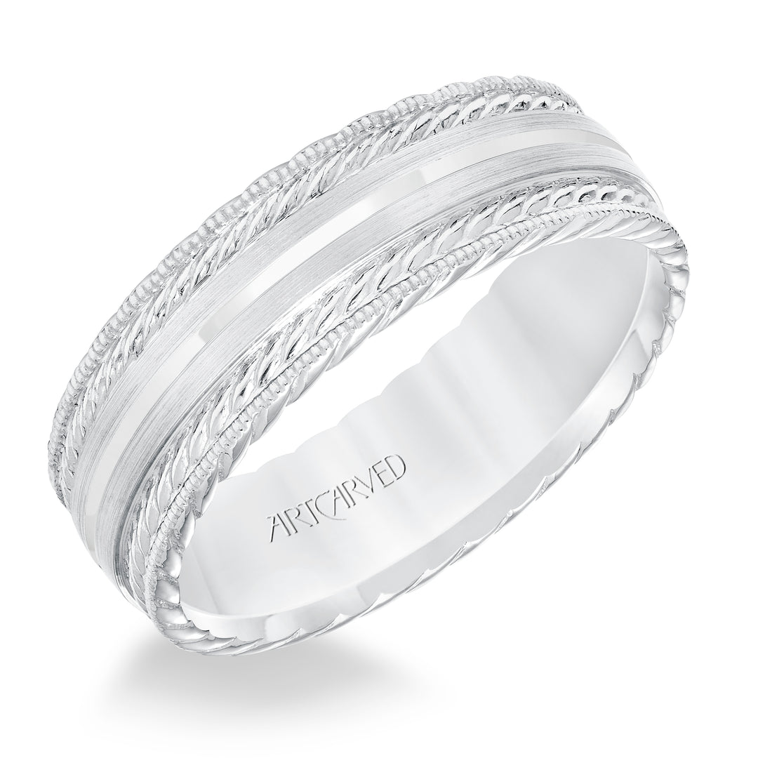 Mens wedding band with satin finish and milgrain edge, rope treatment on top and the sides with flat profile.