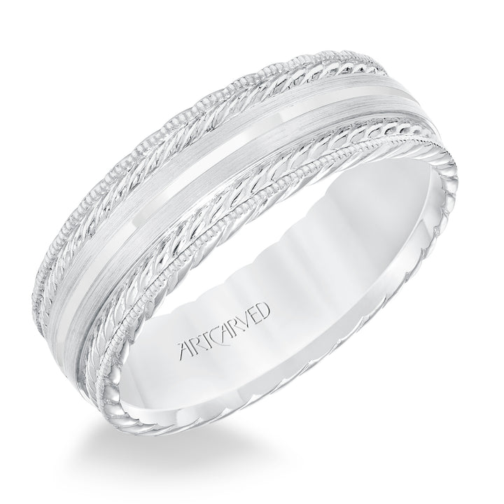 Mens wedding band with satin finish and milgrain edge, rope treatment on top and the sides with flat profile.