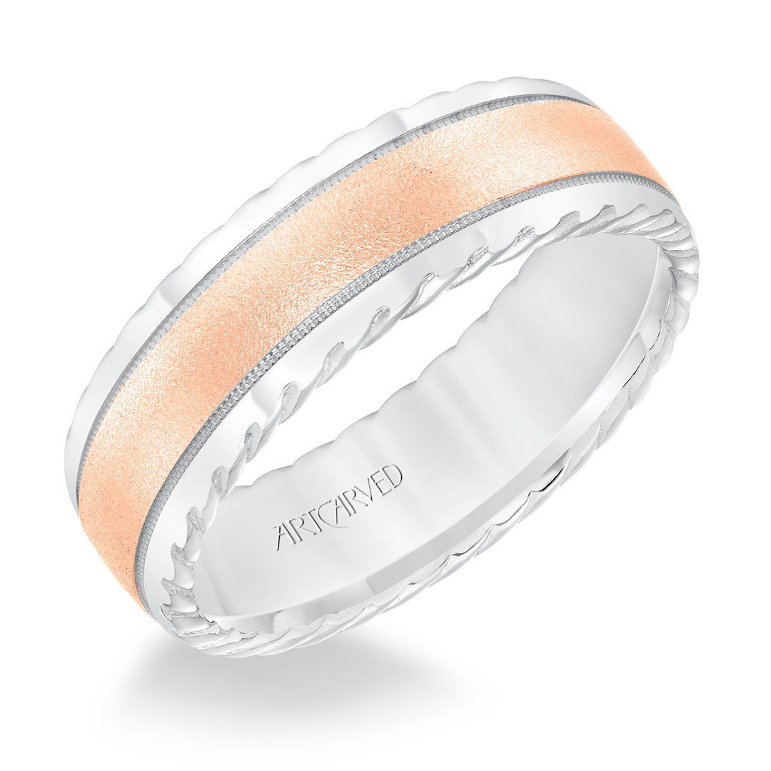 11-WV8642-G - ARTCARVED - Mens wedding band with soft sand finish and round edge, rope treatment on the side with milgrain accent and low dome profile.