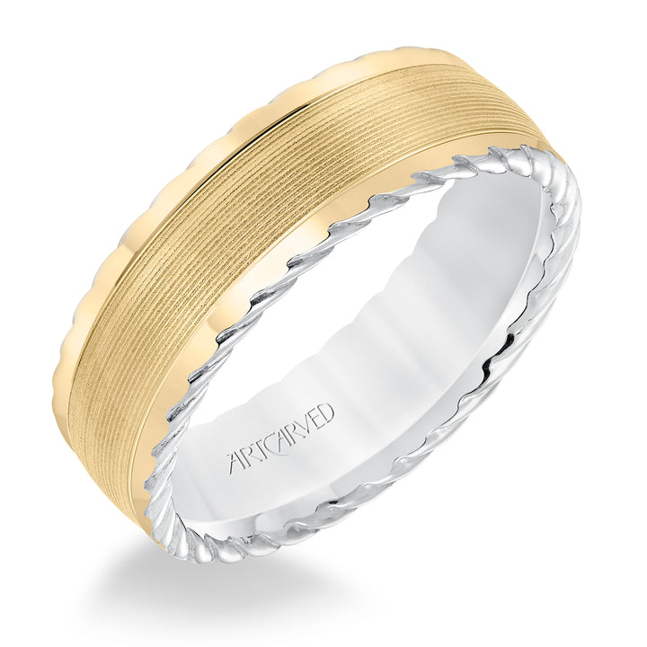 Mens wedding band with serrated finish and round edge, rope treatment on the side with a low dome profile.