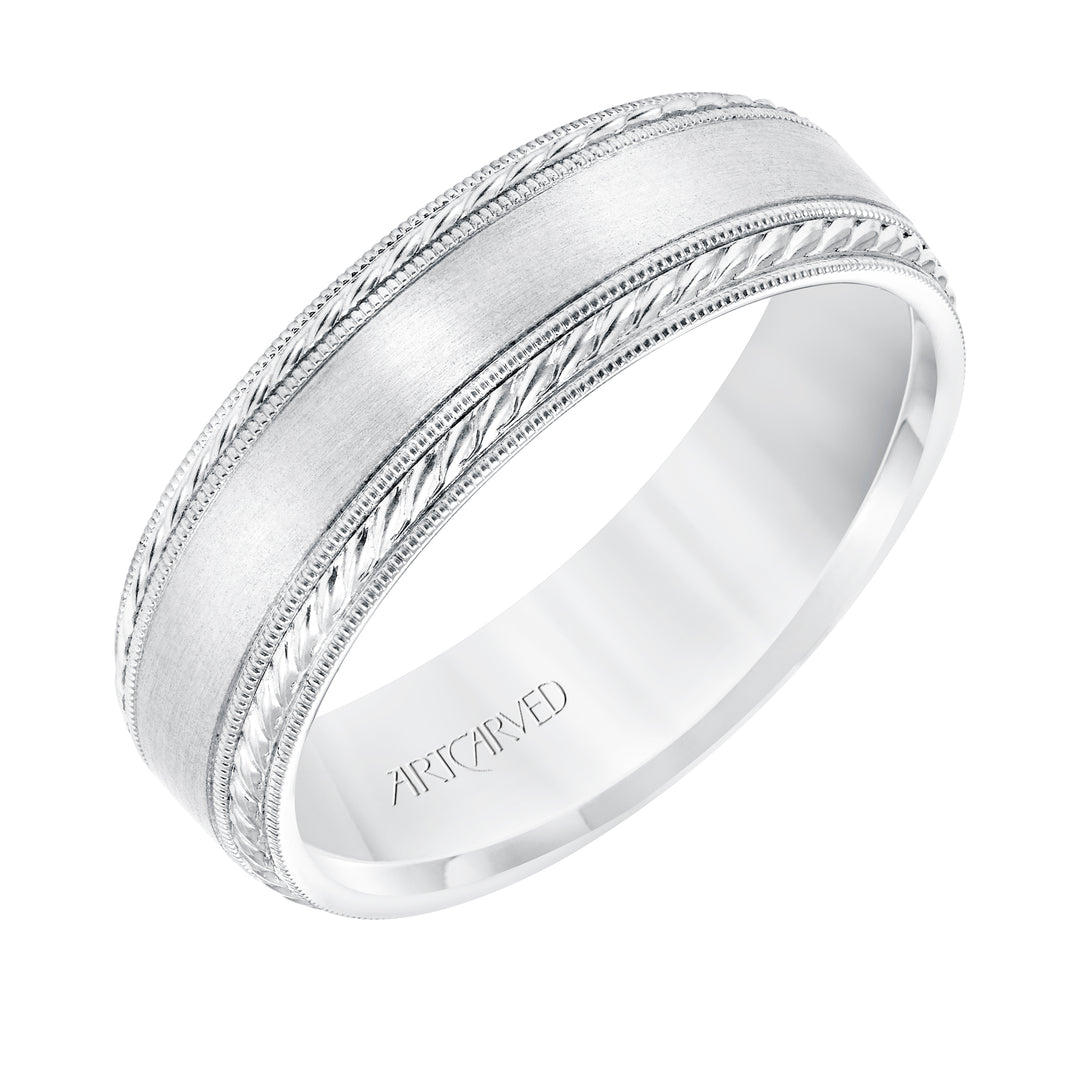 11-WV8672-G - ARTCARVED - 6.5 MM Comfort Fit Wedding Band with Satin Finish, Rope and Milgrain Accent with Milgrain Edges