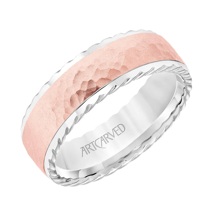 7MM Wedding Band with Hammered Finish  Rope Edge Detail and Dome Profile Please note hand hammered styles will have slight variations due to the nature of the manufacturing process