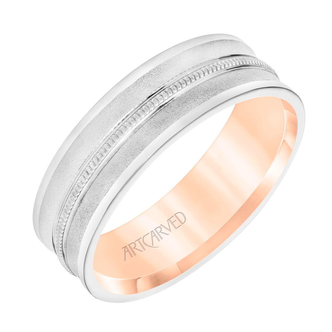 11-WV8797-G - ARTCARVED - Mens Comfort Fit Wedding Band with Concave Design, White Gold Exterior with Milgrain Center with Polished Flat Edge and Rose Gold Interior