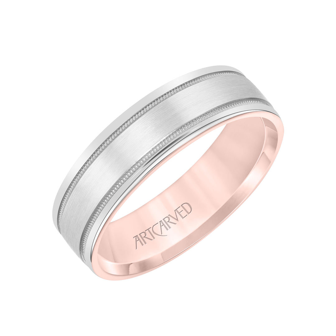 11-WV8831-G - ARTCARVED - Mens Comfort Fit Wedding Band with Rose Gold Exterior with Brushed Center with Milgrain Accents and Polished Round Edge with White Gold Interior