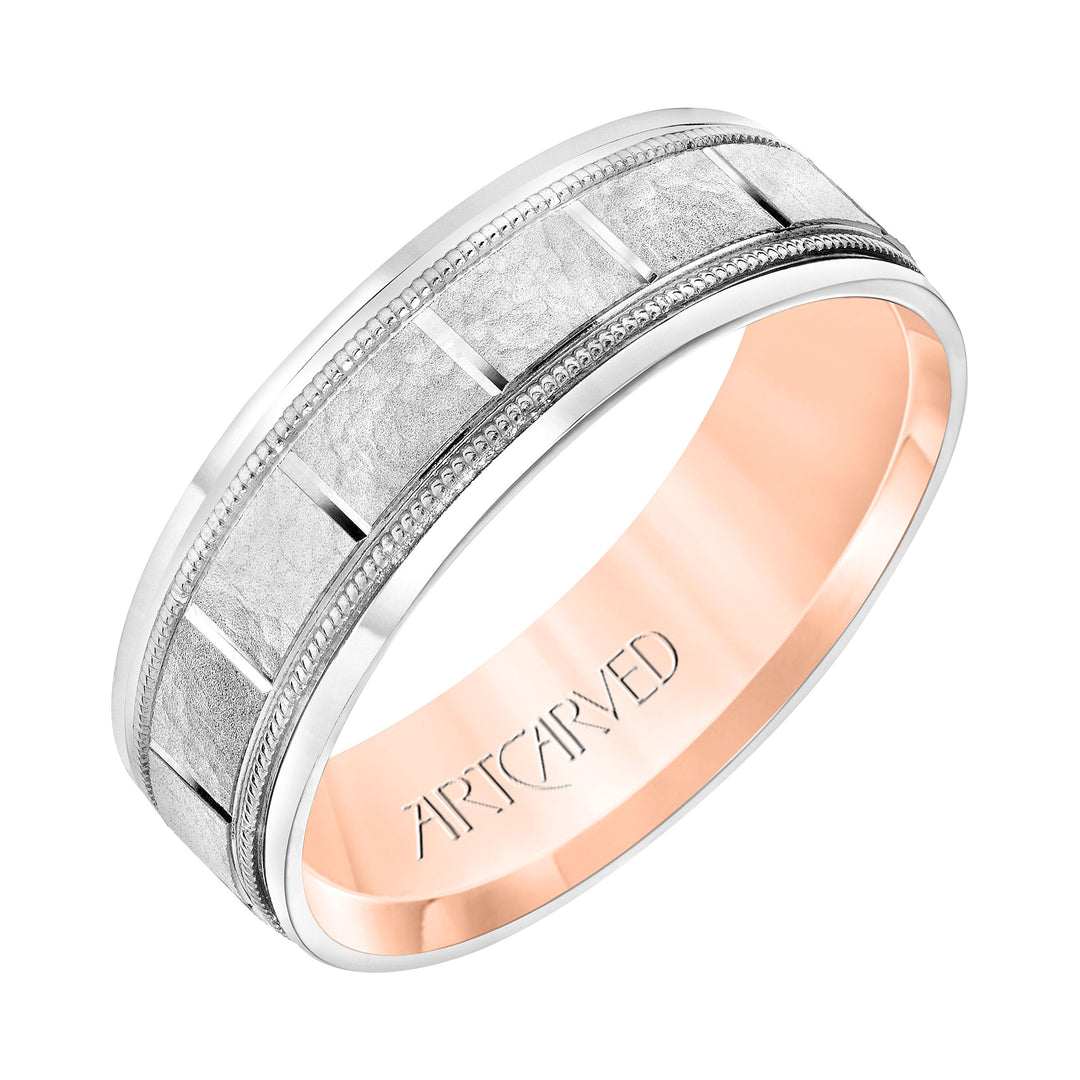 Mens Comfort Fit Wedding Band with White Gold Exterior with Stone Finish and Polished Vertical Cut Center with Milgrain Accents, Polished Round Edge and Rose Gold
