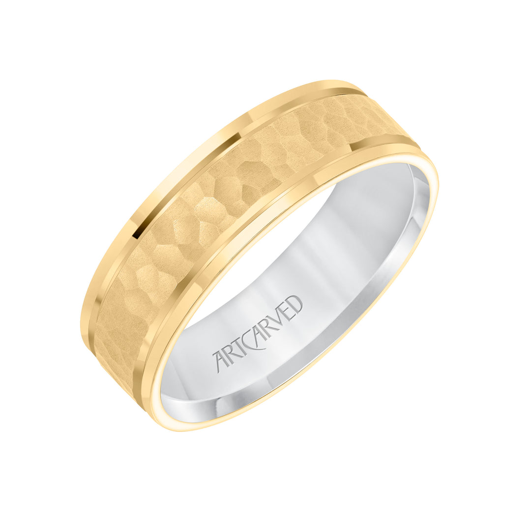 11-WV8833YW65-G.00 - Goldman - Mens Comfort Fit wed Band with Yellow Gold Exterior with brushd Finish and hammerd Texture Center with Polished Flat Edge and White Gold Interior Pls note hand hammerd styles will have slight variations due to the natur