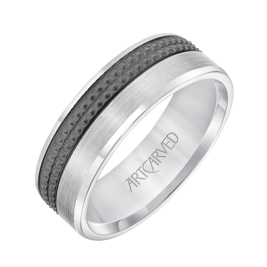11-WV8842-G - ARTCARVED - Mens Comfort Fit Wedding Band with Brushed Finish and Textured  Black Rhodium and Polished Edge