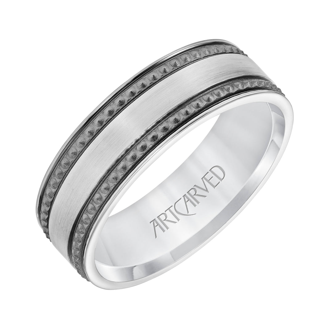 11-WV8847W7-G.00 - ARTCARVED - 7MM Comfort Fit Wedding Band with Satin/Soft Sand Center and Textured Black Rhodium Detail