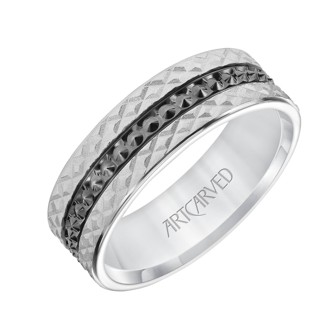 11-WV8848W7-G.00 - Goldman - Mens Comfort Fit Wedding Band with Criss Cross Satin/Soft Sand Engraved Design and Polished Textured Black Rhodium Center