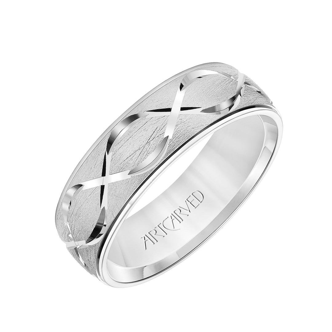 Mens Comfort Fit Wedding Band with Chrystalline Finish with Swiss Cut Infinity Design Center and Polished Round Edge
