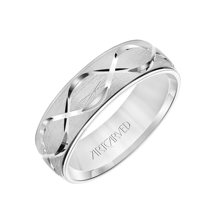 Mens Comfort Fit Wedding Band with Chrystalline Finish with Swiss Cut Infinity Design Center and Polished Round Edge