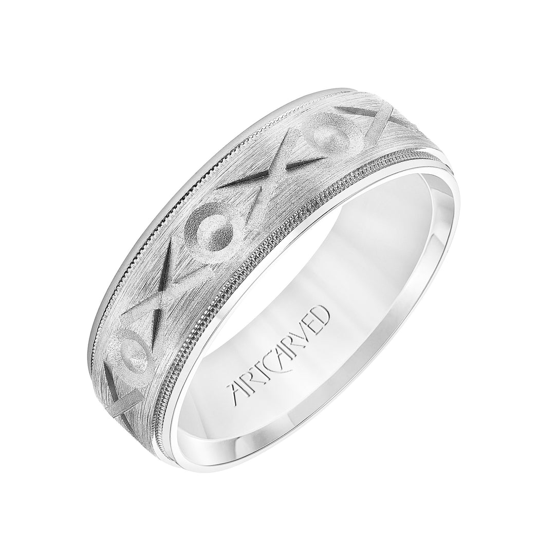 11-WV8877-G - ARTCARVED - Mens Comfort Fit Wedding Band with Brushed Finish with Swiss Cut XO Design Center with Pearling Detail and Matte Round Edge