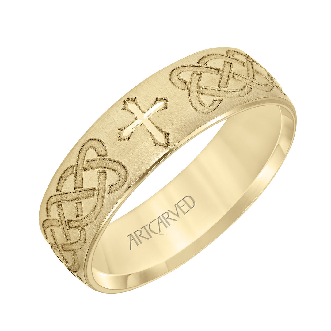 Low Dome Step Edge Carved Wedding Band