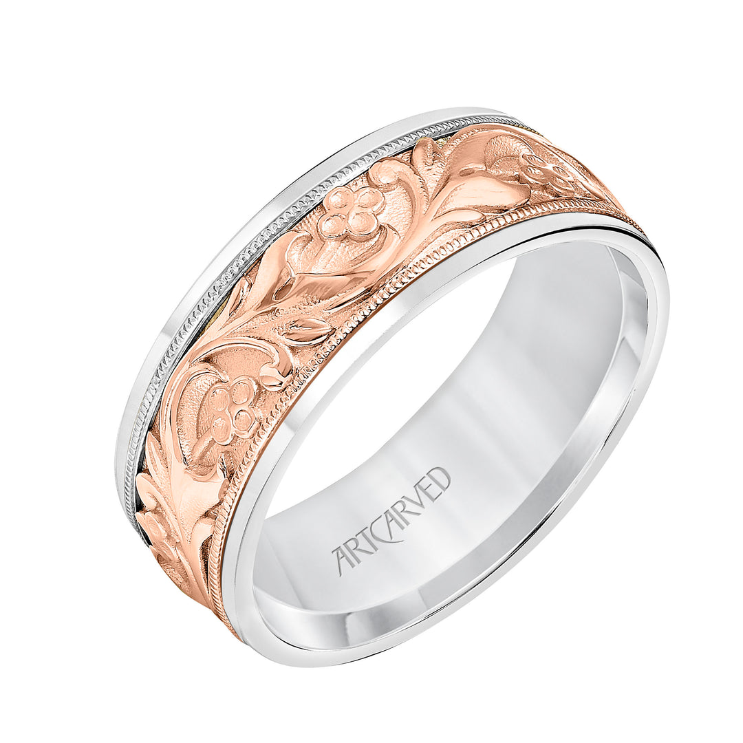 8MM Lyric Collection Mens Wedding Band - Milgrain Detail and Round Edge