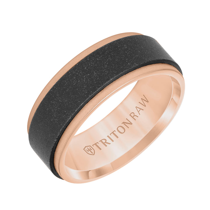 8MM Tungsten RAW Black DLC + 14K Rose Gold Ring - Flat Profile and Step Edge