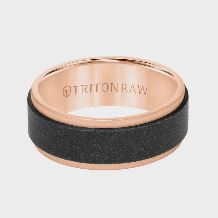 8MM Tungsten RAW Black DLC + 14K Rose Gold Ring - Flat Profile and Step Edge