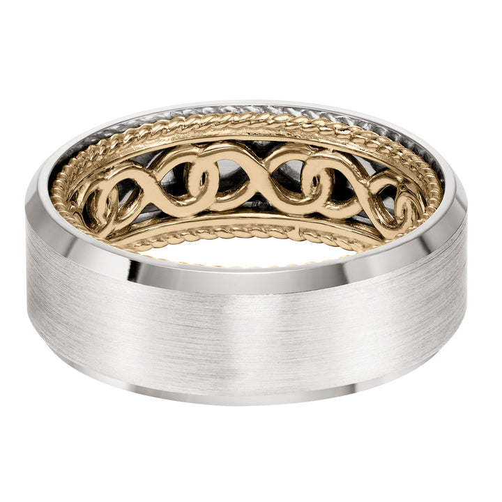 11-WV01-G - ARTCARVED - Mens Wedding Band with infinity pattern with rope edge inside and flat profile with bevel edge. Available in multiple white, yellow and rose gold color combinations.