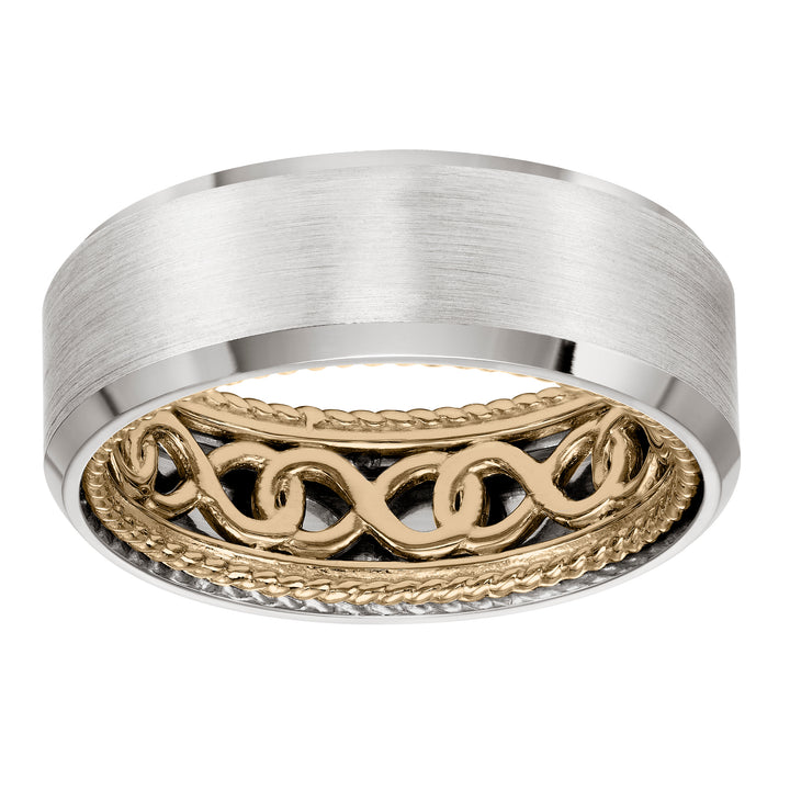 11-WV01A8-G.00 - ARTCARVED - Mens Wedding Band with infinity pattern with rope edge inside and flat profile with bevel edge. Available in multiple white, yellow and rose gold color combinations.